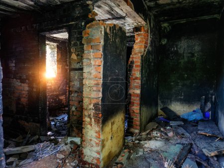 Photo for Burned room interior in apartment house. Consequences of fire concept. - Royalty Free Image