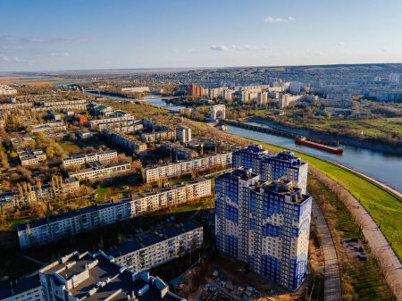 Volga-Don Shipping Canal in Volgograd, aerial view.