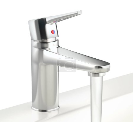 Téléchargez les photos : Flux d'eau coulant du robinet d'argent dans la salle de bain - en image libre de droit
