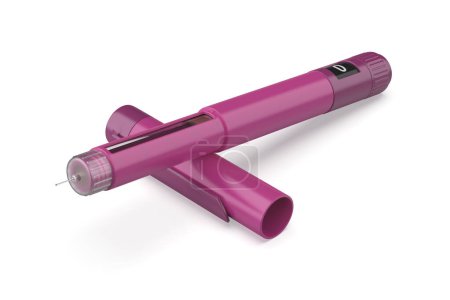 Téléchargez les photos : Stylo injecteur d'insuline violet sur fond blanc - en image libre de droit