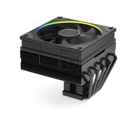 Black low profile computer processor cooler on white background