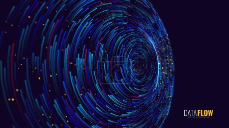 Big Data Visualization. Circular Particles With Trails Vortex. Futuristic Science or Finance Infographic Design. Complex Visual Data Background. Abstract Data Flowing. Vector Illustration.