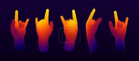 Téléchargez les illustrations : Ensemble de mains 3D colorées. Rock Hand signe geste. Illustration vectorielle de gradient. - en licence libre de droit
