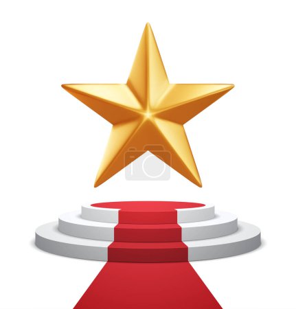 Ilustración de Christmas Golden Star Flying Over The Podium. Rating Star 3D Shape. Vector Illustration. Realistic Metal Trophy Icon. - Imagen libre de derechos