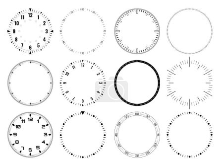 Mechanical Clock Style Smartwatch Faces Bezel Designs. Digital Watch HUD Dial with Minute, Hour, Second Marks. Timer or Stopwatch. Blank Measuring Circle Scale Vector Illustration.    