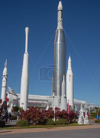 Photo for KENNEDY SPACE CENTER, FLORIDA, USA - DECEMBER 2, 2019: "Rocket garden" a collection of various historical rockets exhibited at Kennedy Space Cente - Royalty Free Image