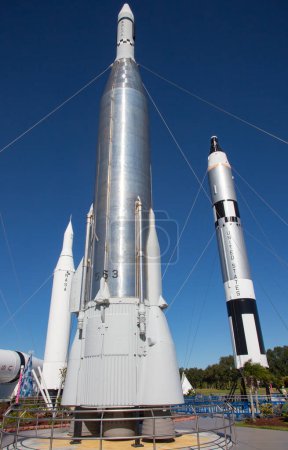 Photo for KENNEDY SPACE CENTER, FLORIDA, USA - DECEMBER 2, 2019: "Rocket garden" a collection of various historical rockets exhibited at Kennedy Space Cente - Royalty Free Image