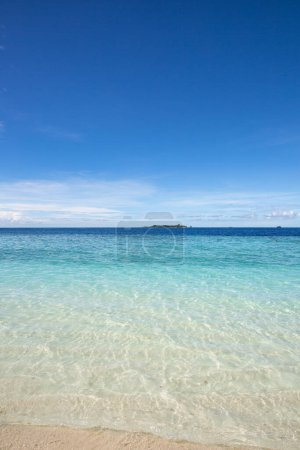 Foto de Pequeña isla en las Maldivas cubierta de palmeras y rodeada de aguas azul turquesa con hermosos corales y animales, perfecto escape del frío invierno - Imagen libre de derechos