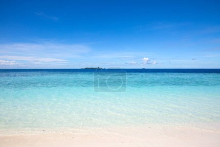 Photo for Small island in the Maldives covered by palms and surrounded by turquoise blue waters with with beautiful corals and animals, perfect escape from the cold winter - Royalty Free Image