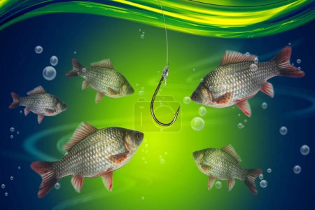 Photo for Fishing, fish in deep blue water lake poster, - Royalty Free Image