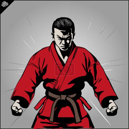 Illustration for Fighter logo. Jiu jitsu wrestler in a red kimono, a red belt , in a fighting pose, ready to fight. On a background few small details. Vector. EPS - Royalty Free Image