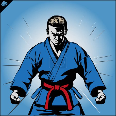 Illustration for Fighter logo. Jiu jitsu wrestler in a blue kimono, a red belt , in a fighting pose, ready to fight. On a background few small details. Vector. EPS - Royalty Free Image