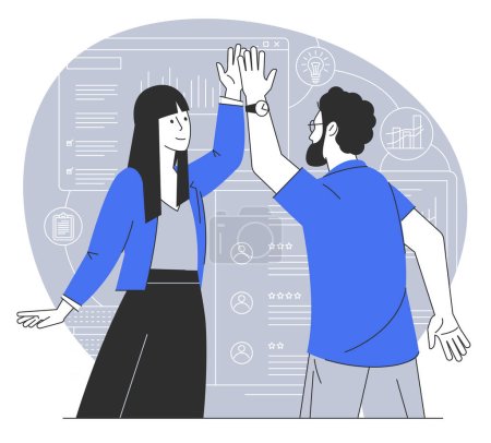 Illustration for High-five. Young man and woman giving high-five and smiling. Flat design success and cooperation vector concept. - Royalty Free Image