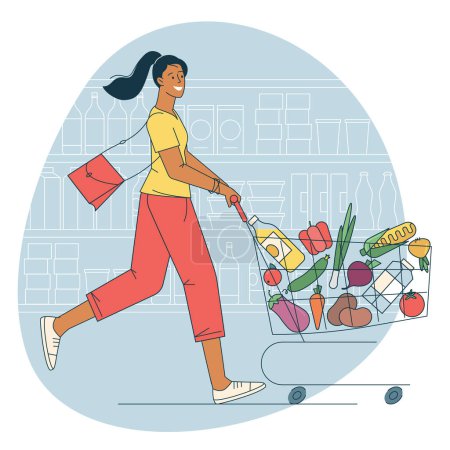 Illustration for Young woman is pushing in supermarket with shopping cart full of groceries. Flat style vector illustration. - Royalty Free Image