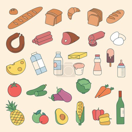 Ilustración de Conjunto vectorial de 29 iconos de comestibles de color de línea delgada. Panadería, carne, leche y queso, dulces, frutas y verduras. - Imagen libre de derechos