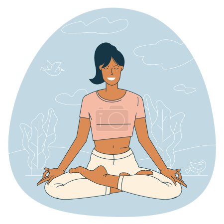 Ilustración de Mujer joven haciendo yoga, sentada en postura de loto con los ojos cerrados. Diseño plano vector concepto. - Imagen libre de derechos