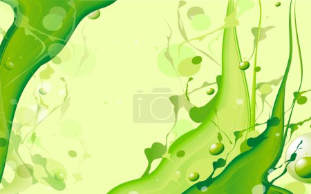 Téléchargez les illustrations : Organique vert éclaboussure liquide flux abstrait fond gouttes. - en licence libre de droit