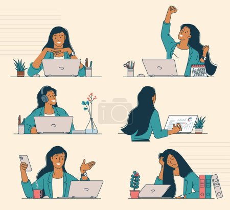 Ilustración de Joven mujer oficina trabajador proceso de trabajo acciones y emociones delgada línea plana diseño vector conjunto. - Imagen libre de derechos