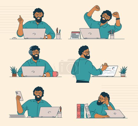 Ilustración de Joven trabajador de oficina proceso de trabajo acciones y emociones delgada línea plana diseño vector conjunto. - Imagen libre de derechos