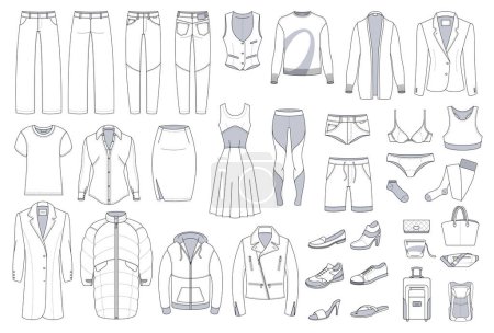 Illustration for Set of men clothing and accessories. Fashion and style design element and icon set. Technical drswing thin line vlack and white vector collection. - Royalty Free Image