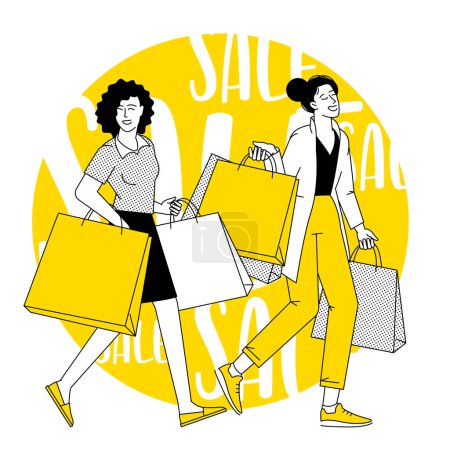 Illustration for Happy shopping. Black Friday, seasonal big sale and clearence. Online and offline shopping black and yellow vector concept. - Royalty Free Image