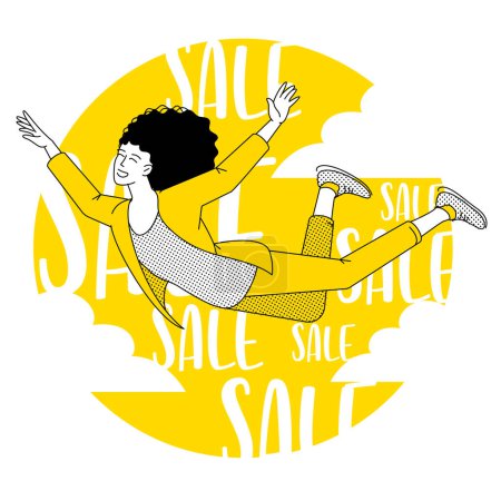 Illustration for Happy shopping. Black Friday, seasonal big sale and clearence. Happy young woman flies for shopping. Vector concept. - Royalty Free Image