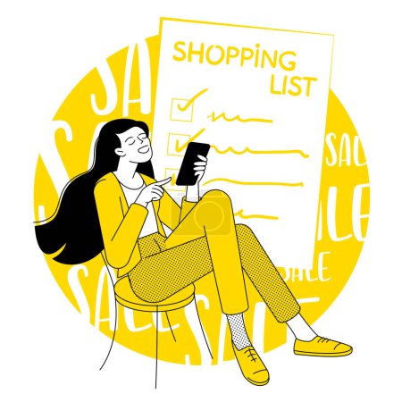 Illustration for Happy shopping. Black Friday, seasonal big sale and clearence. Online and offline shopping list black and yellow vector concept. - Royalty Free Image