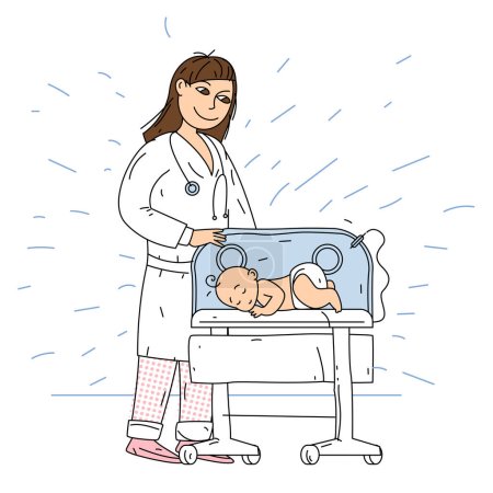 Neonatal female doctor next to newborn baby in incubator. Newborn resuscitation. Vector illustration.