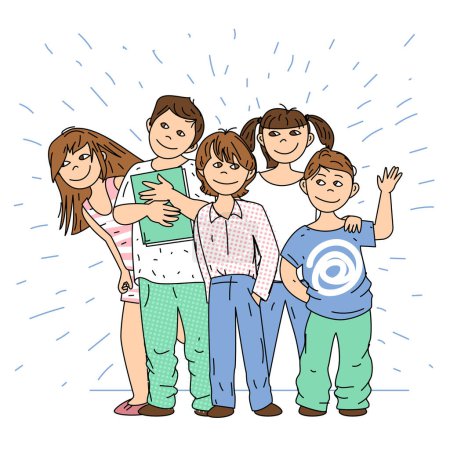 Illustration for Group of happy kids, boys and girls. Cute children standing together. Vector illustration. - Royalty Free Image