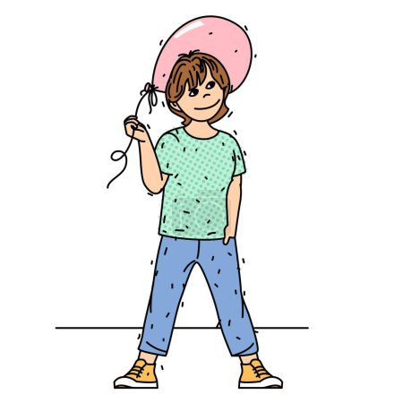 Ilustración de Sonriente positivo feliz amigable chico de pie con un globo de aire rosa. Ilustración vectorial plana de color aislada sobre fondo blanco - Imagen libre de derechos