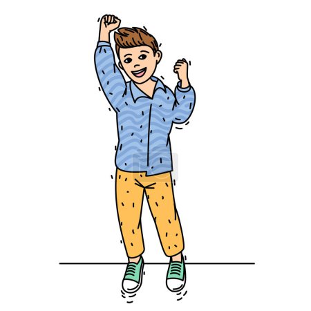 Illustration for Positive smiling happy friendly boy jumping and showing winning gesture. Colored flat vector illustration isolated on white background - Royalty Free Image