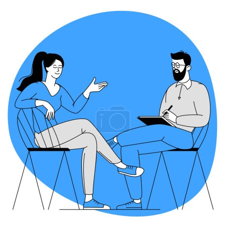 Illustration for Flat design vector concept for psychotherapy session. Patient with psychologist, psychotherapist office. Psychiatrist session in mental health clinic. - Royalty Free Image