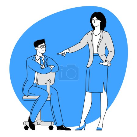 Illustration for Toxic work, abuse and bullying colleagues. Boss pointing and blaming at depressed employee. - Royalty Free Image