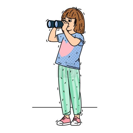 Illustration for Cute girl looking through binoculars. Exploring and education knowledge search vector concept. - Royalty Free Image
