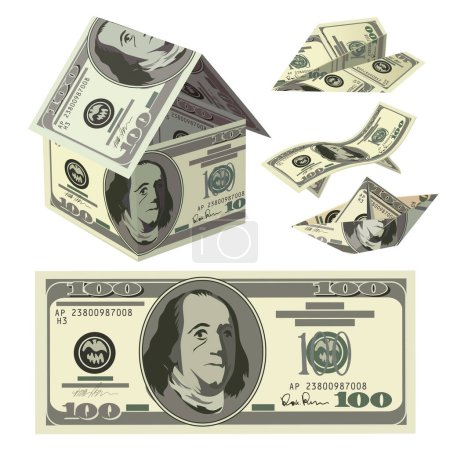 Ilustración de Objetos de origami de billetes de cien dólares y conjunto de elementos. Concepto vectorial de riqueza, hipoteca, crédito y préstamo. - Imagen libre de derechos