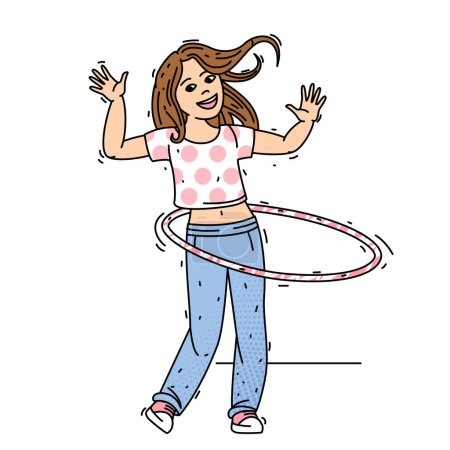 Illustration for Cute girl twirling hula hoop around waist. Happy smiling child having fun with toy ring. Children in sports. Vector illustration. - Royalty Free Image