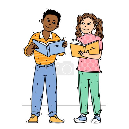 Ilustración de Niños felices, chico y chica. Lindos niños de pie juntos leyendo libros. Educación vector ilustración. - Imagen libre de derechos