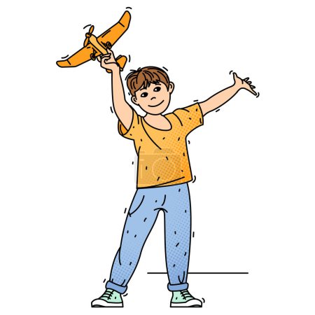 Illustration for Small boy young pilot dreaming of the plane piloting, playing with toy airplane. Vector illustration of the cartoon character. - Royalty Free Image