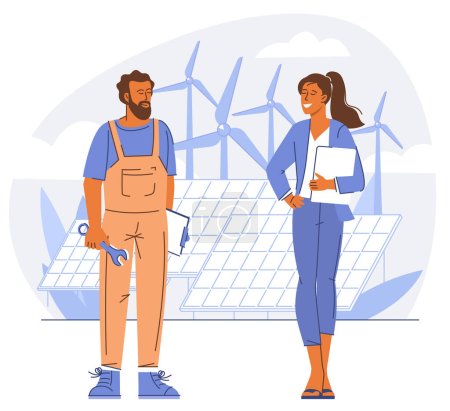 Photo for Circular economy concept. Solar and wind power project planning, development and service. Manager and engineer on the background of solar panels and wind turbines flat vector illustration. - Royalty Free Image