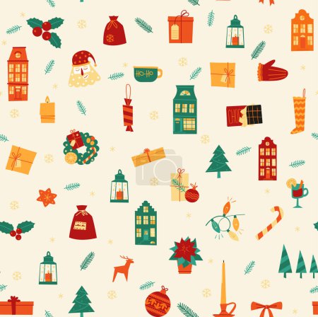 Téléchargez les illustrations : Noël et Nouvel An sans couture papier d'emballage décoratif et motif de papier peint. - en licence libre de droit