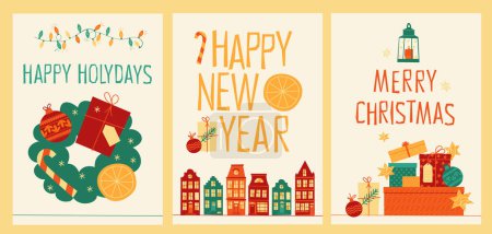 Illustration for Minimalistic Memphis style flat design retro Christmas and new year greeting card vector template set. - Royalty Free Image