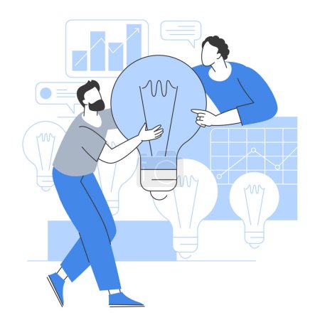 Illustration for Creative business, teamwork or people thinking the same idea. Smart managers choose and study a new project idea for startup. - Royalty Free Image