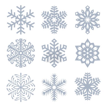 Téléchargez les illustrations : Nouveau jeu de vecteurs de Noël Snowflake de silhouette isolée de neuf icônes sur fond blanc - en licence libre de droit