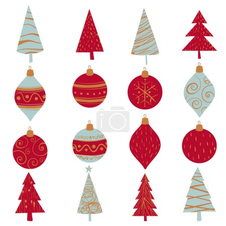 Illustration for Christmas and New Year decorations and design element vector set. Flat design chrisms gifts, new year tree, Santa, Christmas candles and lights. - Royalty Free Image