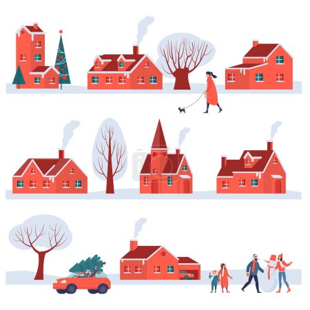 Illustration for Winter town street. Christmas and New Year vector design elements set. Old town buildings, houses and trees with snow. People characters, men, woman and children. Winter outdoor activities. - Royalty Free Image