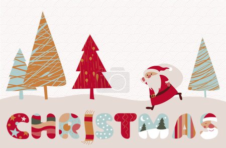 Téléchargez les illustrations : Père Noël avec un sac en fuite pour la livraison des cadeaux de Noël. Design plat Joyeux Noël vectoriel carte de vœux un concept pour bannière, atterrissage et application mobile. - en licence libre de droit