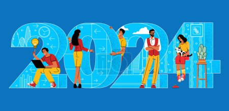 Photo for Flat design cartoon style New Year vector concept. Preparing to meet 2024 new year. People building the numbers 2024. Company team are preparing to meet the new year. - Royalty Free Image