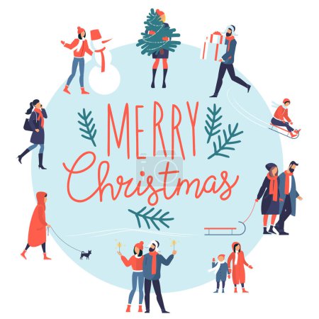 Illustration for Merry Christmas and Happy New Year greeting card, flat design vector template. People outdoor winter activities and holyday preparations. - Royalty Free Image