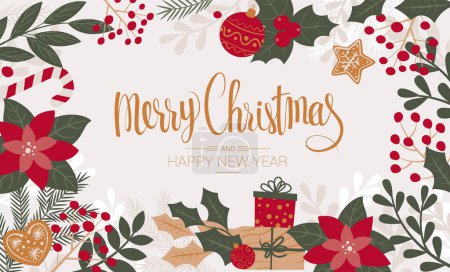 Illustration for Christmas and New year vector template with christmas tree branches, stars, cones and holly berries on venge dark wood background. - Royalty Free Image