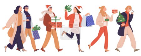 Photo for Merry Christmas greeting card with people walking and hurrying for a Christmas sale. Happy shopping for New Year 2022. - Royalty Free Image